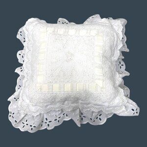 Vintage White Eyelet Lace Wide Victorian Throw Pillow Romantic Cottage Chic 9"